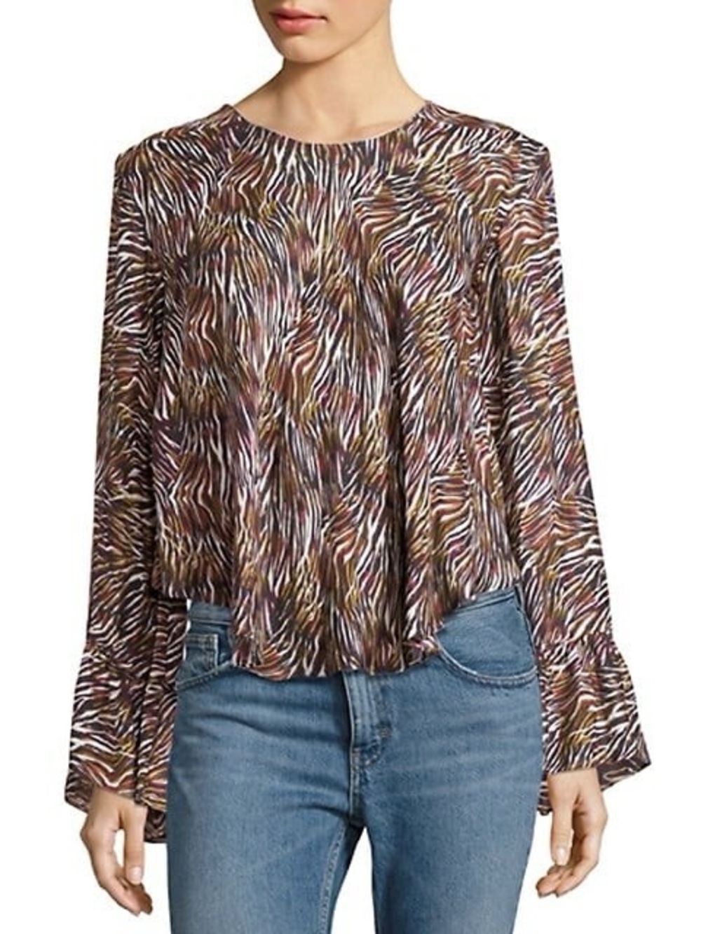 IRO Tildana 100% Silk Zebra-Print Top 42/XL Flared Bell Cuffs Round Neck Flowy